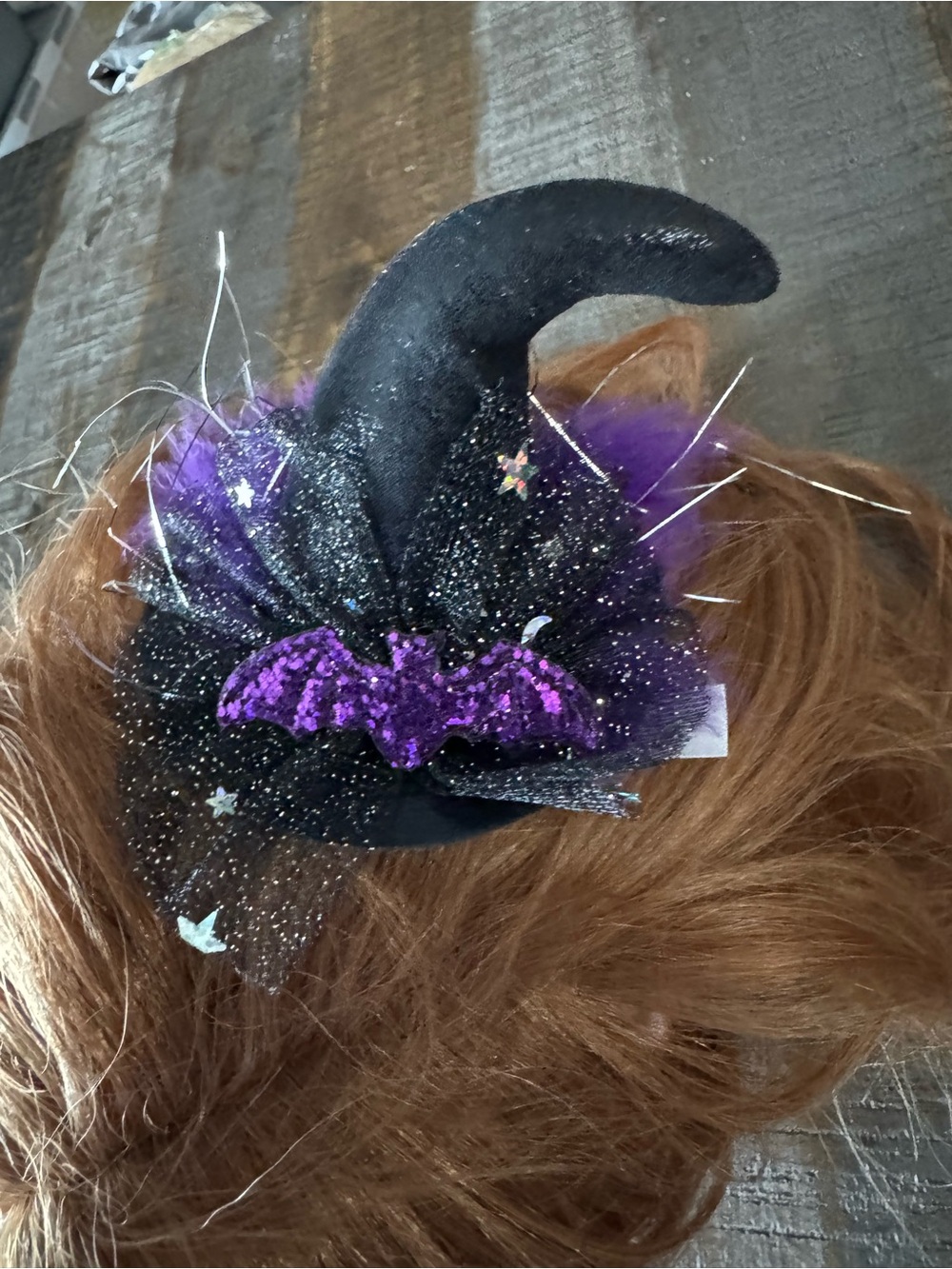 Witch Hat Hair Clip Halloween Black And Purple with A Bat Accent Feathers Ribbon
